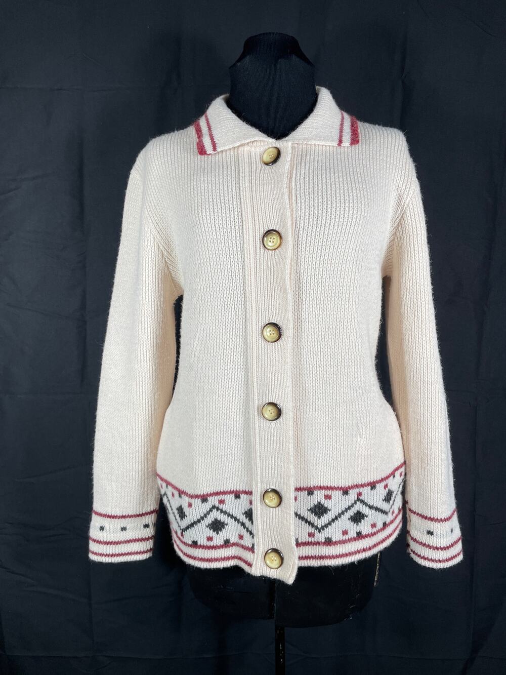 Vintage Young Canada Parktown Knitting Button Up Cream Cardigan Aztec Trim